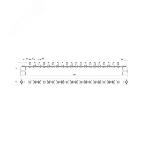 Шина заземляющая главная ГЗШ с изоляторами, 20 подключений, 680ммх40ммх4мм, медь - фото 2