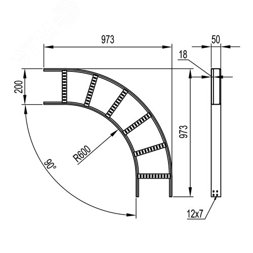 Угол горизонтальный 90 градусов 50x200 R600 в комплекте крепежные элементы соединительные пластины - фото 2