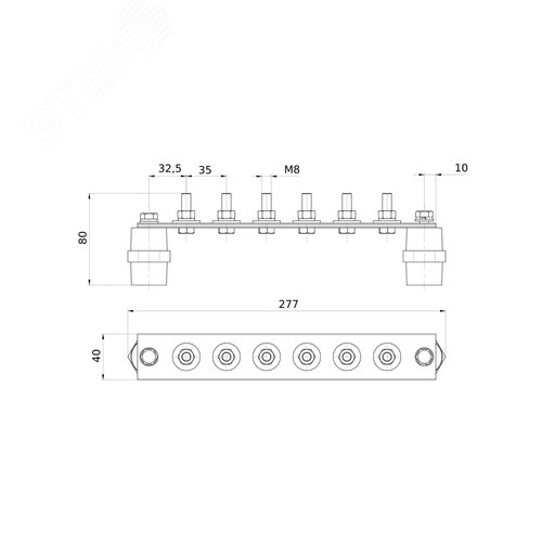 Шина заземляющая главная ГЗШ с изоляторами, 6 подключений, 260ммx40ммx4мм, медь - фото 2