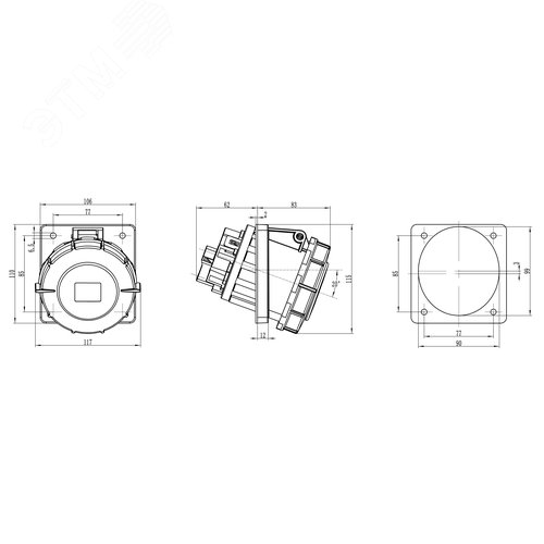 Розетка скрытой установки с наклоном IP67 63A 3P+E 400V - фото 2