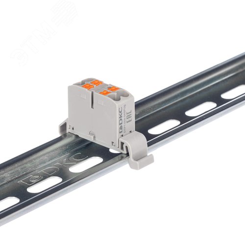 Изображение товара Блок распределительный с гориз. адаптером на рейку шириной 35мм, зажим push-in, 4 точки подключения 2,5 кв.мм, серый (шт)