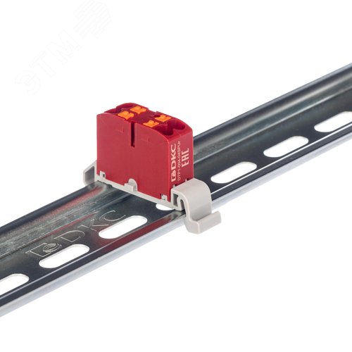 Изображение товара Блок распределительный с гориз. адаптером на рейку шириной 35мм, зажим push-in, 4 точки подключения 2,5 кв.мм, красный (шт)