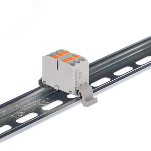 Блок распределительный с гориз. адаптером на рейку шириной 35мм, зажим push-in, 6 точек подключения 2,5 кв.мм, серый - фото 1