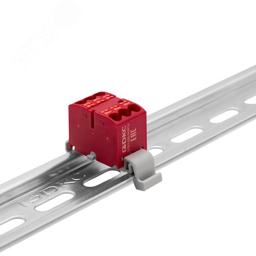 Блок распределительный с гориз. адаптером на рейку шириной 35мм, зажим push-in, 6 точек подключения 2,5 кв.мм, красный - фото 1