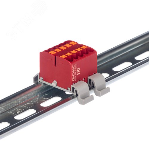 Блок распределительный с гориз. адаптером на рейку шириной 35мм, зажим push-in, 10 точек подключения 2,5 кв.мм, красный - фото 1