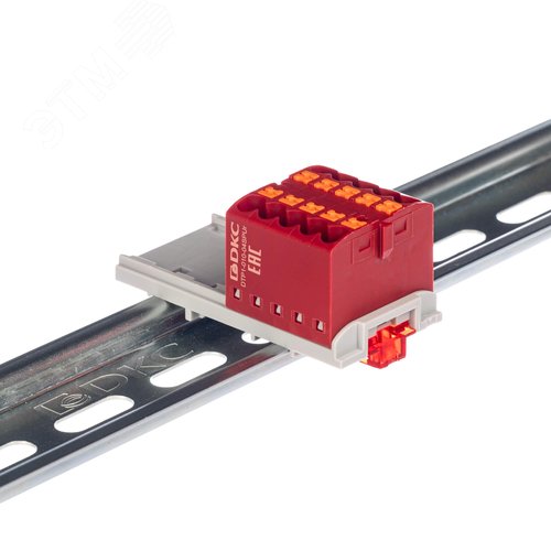 Изображение товара Блок распределительный с верт. адаптером на рейки шириной 15/35мм, зажим push-in, 10 точек подключения 2,5 кв.мм, красный (шт)