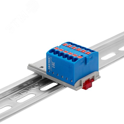 Изображение товара Блок распределительный с верт. адаптером на рейки шириной 15/35мм, зажим push-in, 12 точек подключения 2,5 кв.мм, синий (шт)