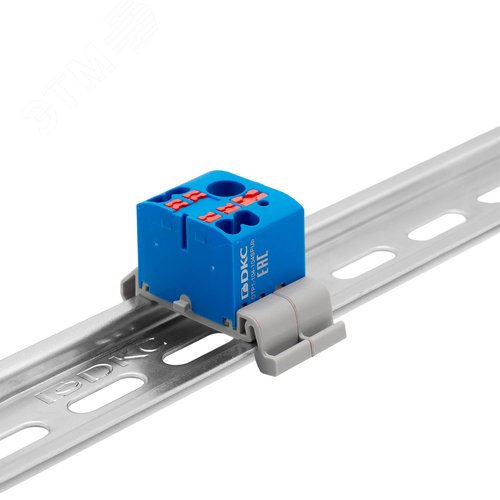 Блок распределительный с гориз. адаптером на рейку шириной 35мм, зажим push-in, 1 ввод 6 кв.мм, 4 точки подключения 2,5 кв.мм, синий - фото 1