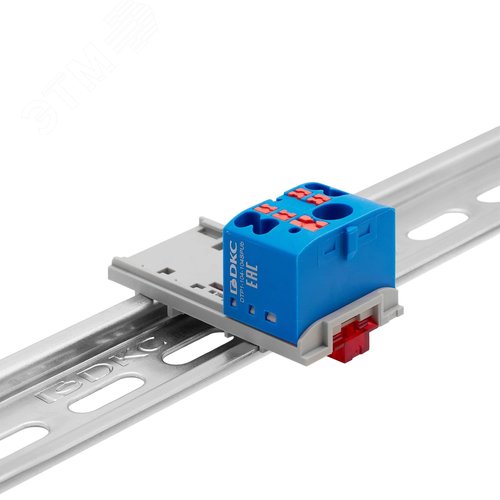 Изображение товара Блок распределительный с верт. адаптером на рейки шириной 15/35мм, зажим push-in, 1 ввод 6 кв.мм, 4 точки подключения 2,5 кв.мм, синий (шт)