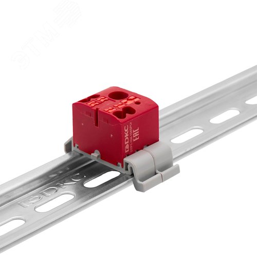 Блок распределительный с гориз. адаптером на рейку шириной 35мм, зажим push-in, 1 ввод 6 кв.мм, 4 точки подключения 2,5 кв.мм, красный - фото 1