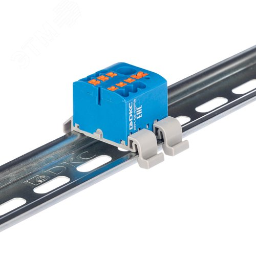 Блок распределительный с гориз. адаптером на рейку шириной 35мм, зажим push-in, 1 ввод 6 кв.мм, 6 точек подключения 2,5 кв.мм, синий - фото 1