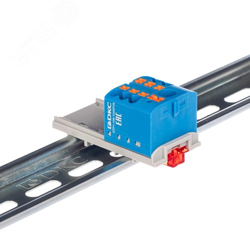 Блок распределительный с верт. адаптером на рейки шириной 15/35мм, зажим push-in, 1 ввод 6 кв.мм, 6 точек подключения 2,5 кв.мм, синий - фото 1