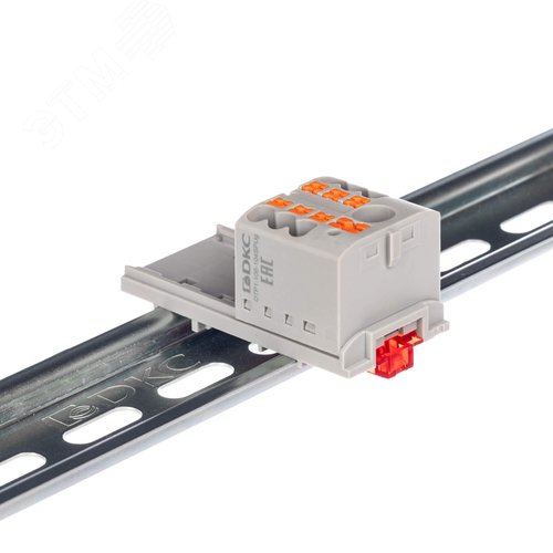 Изображение товара Блок распределительный с верт. адаптером на рейки шириной 15/35мм, зажим push-in, 1 ввод 6 кв.мм, 6 точек подключения 2,5 кв.мм, серый (шт)