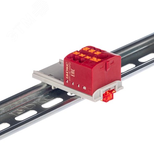 Блок распределительный с верт. адаптером на рейки шириной 15/35мм, зажим push-in, 1 ввод 6 кв.мм, 6 точек подключения 2,5 кв.мм, красный - фото 1