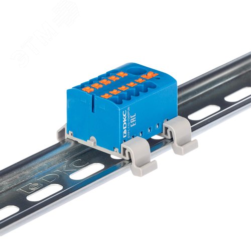 Блок распределительный с гориз. адаптером на рейку шириной 35мм, зажим push-in, 1 ввод 6 кв.мм, 10 точек подключения 2,5 кв.мм, синий - фото 1