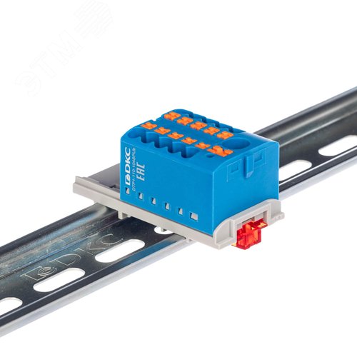 Изображение товара Блок распределительный с верт. адаптером на рейки шириной 15/35мм, зажим push-in, 1 ввод 6 кв.мм, 10 точек подключения 2,5 кв.мм, синий (шт)