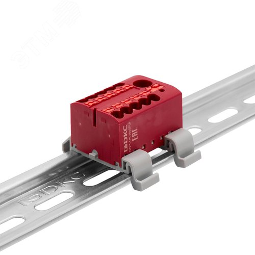 Блок распределительный с гориз. адаптером на рейку шириной 35мм, зажим push-in, 1 ввод 6 кв.мм, 10 точек подключения 2,5 кв.мм, красный - фото 1