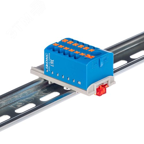 Блок распределительный с верт. адаптером на рейки шириной 15/35мм, зажим push-in, 1 ввод 6 кв.мм, 12 точек подключения 2,5 кв.мм, синий - фото 1