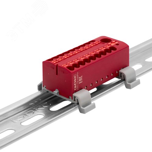Изображение товара Блок распределительный с гориз. адаптером на рейку шириной 35мм, зажим push-in, 1 ввод 6 кв.мм, 18 точек подключения 2,5 кв.мм, красный (шт)