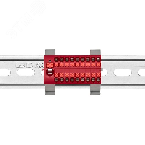 Блок распределительный с гориз. адаптером на рейку шириной 35мм, зажим push-in, 1 ввод 6 кв.мм, 18 точек подключения 2,5 кв.мм, красный - фото 2