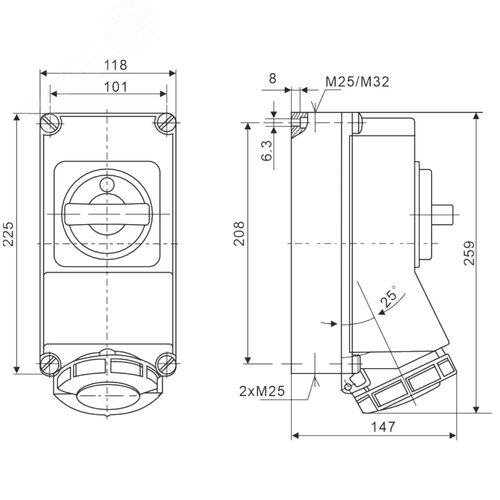Розетка наружной установки IP67 16А 2P+E 230В с механической блокировкой и боковым расположением разъема - фото 4