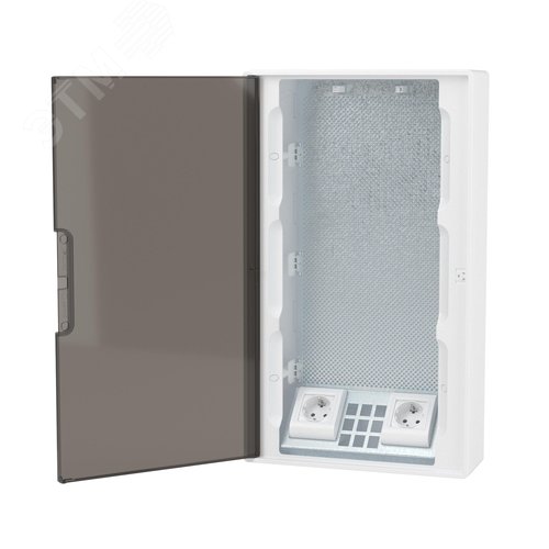 Щиток 36 мод настенный слаботочный Фрейм (FRAME), белый, с тонированной дверцей, с монтажной платой, 2 розетками (арт. 76482B) и установочной рамкой - фото 3