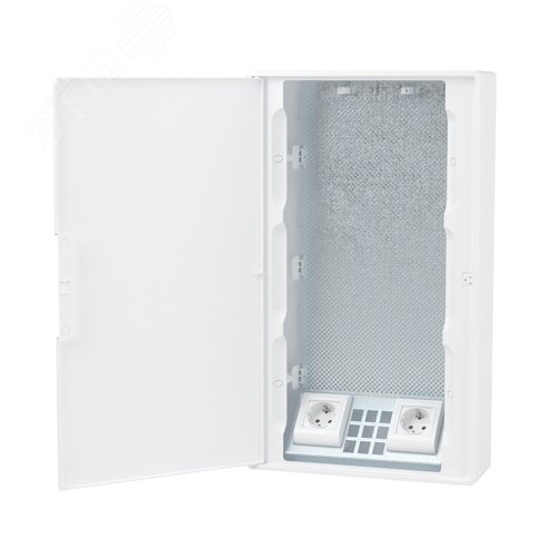 Щиток 36 мод настенный слаботочный Фрейм (FRAME), белый, с белой дверцей, с монтажной платой, 2 розетками (арт. 76482B) и установочной рамкой - фото 3