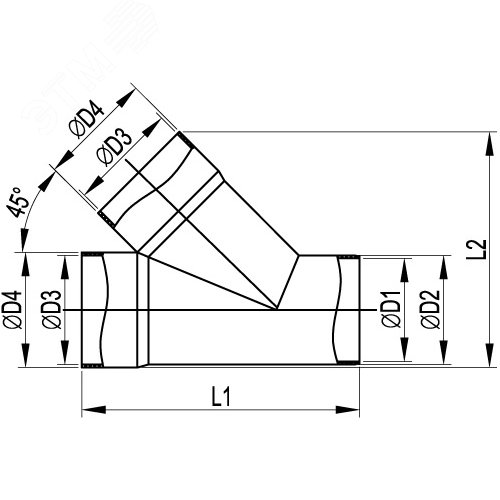 Тройник для двустенных труб 45 градусов D=90мм полипропилен - фото 2