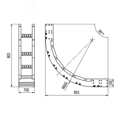 Угол лестничный вертикальный внутренний 90 градусов 100х700 R600 - фото 2
