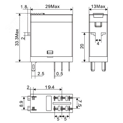 Реле миниатюрное промышленное, 2CO, коммутируемый ток 8 А, AgSnO, напряжение 110V DC, опция – тест-кнопка+светодиод+защитный диод - фото 2