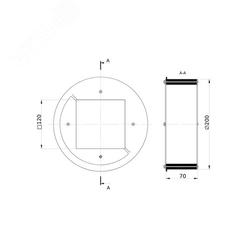 Проходка круглая нержавеющая D200х70 мм с проёмом 120х120 мм - фото 2