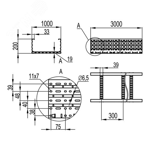 Лоток лестничный 200x1000 лонжерон 1.5мм L=3000мм - фото 2