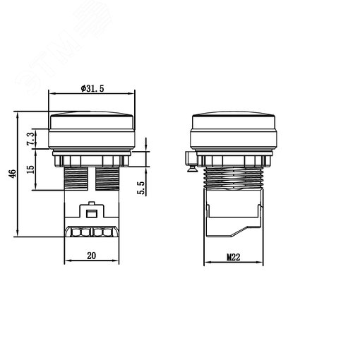Сигнальная лампа со встроенным диодом 9-24В, желтая, алюминиевое кольцо, зажим Push-In - фото 2