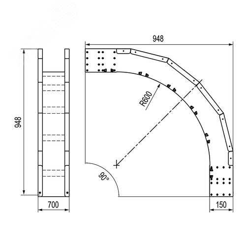 Угол листовой вертикальный внешний 90 градусов 150х700 R600 - фото 2