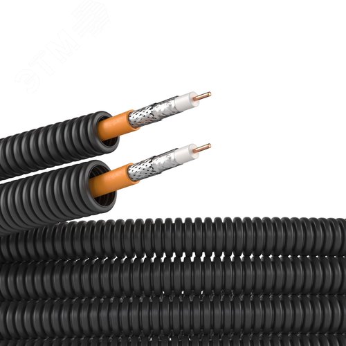 Изображение товара Электротруба ПНД гибкая гофрированная д. 20 мм, безгалогеновая, УФ стойкая, цвет чёрный, с коаксиальным кабелем SAT нг(А)-HF, 25 м (м)