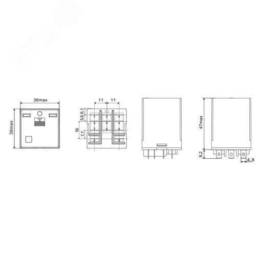 Реле миниатюрное силовое, 3CO, коммутируемый ток 16 А, AgSnO, напряжение 12V AC, опция – тест-кнопка+светодиод - фото 2