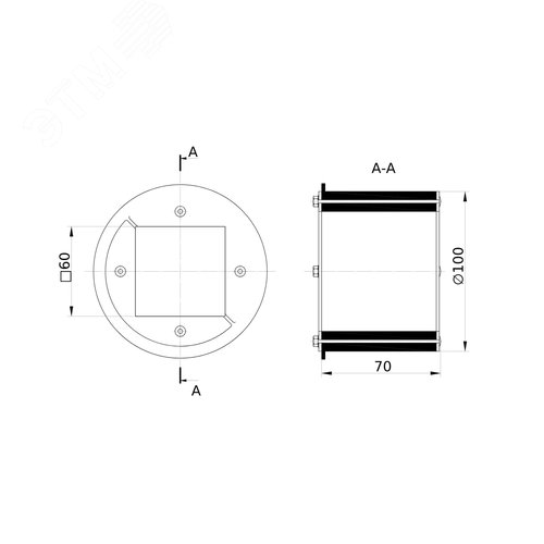Проходка круглая нержавеющая D100х70 мм с проёмом 60х60 мм - фото 2