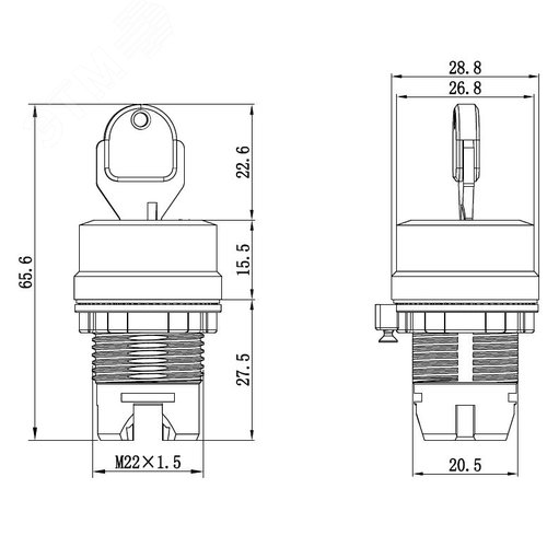 Головка переключателя с ключом на 2 положения с возвратом стандартная ручка, черный, алюминий - фото 9