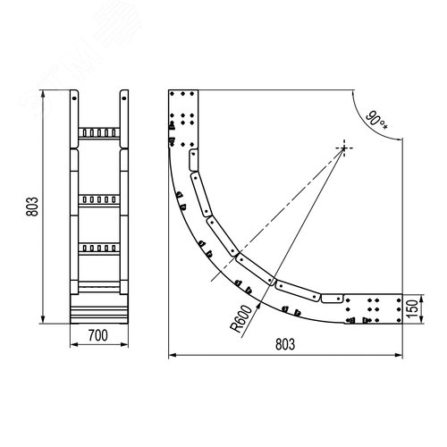 Угол лестничный вертикальный внутренний 90 градусов 150х700 R600 - фото 2