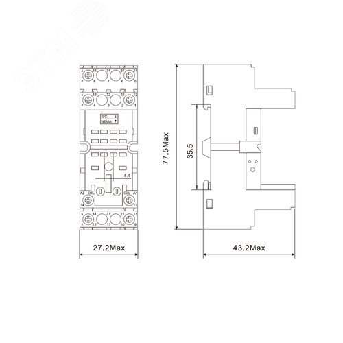 Колодка низкопрофильная 2-х уровневая с винтовыми клеммами для реле на 2 группы контактов версии IR-W2CO без магнита - фото 2