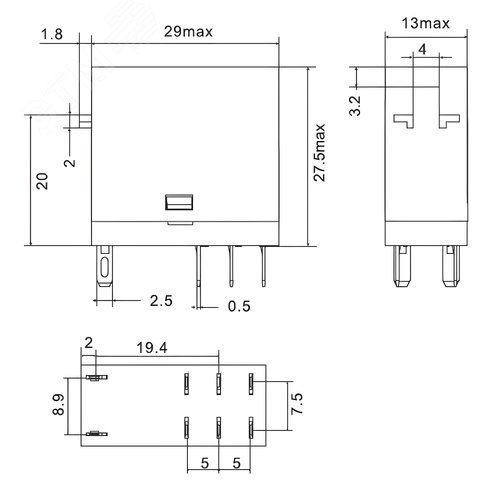 Реле миниатюрное промышленное, 2CO, коммутируемый ток 8 А, AgSnO, напряжение 12V DC, опция – светодиод - фото 2