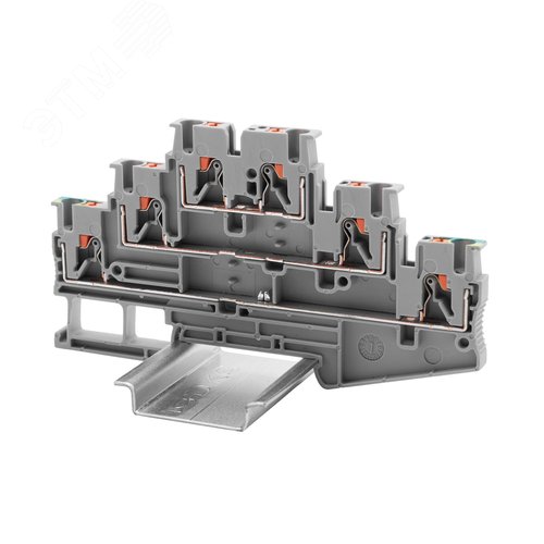 Клемма трехуровневая, два проходных уровня и заземление, зажим push-in, 6 точек подключения, 2.5 кв.мм, серая - фото 1