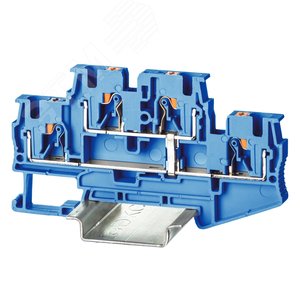 Клемма двухуровневая, зажим push-in, 4 точки подключения, с перемычкой между уровнями, 4 кв.мм, синяя - фото 1