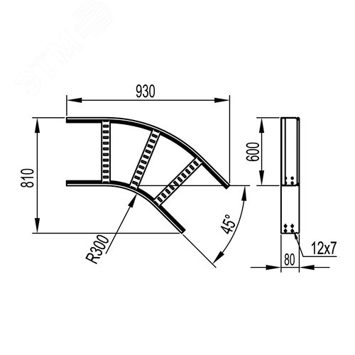 Угол горизонтальный 45 градусов 80x600 R300 горячеоцинкованный в комплекте крепежные элементы соединительные пластины - фото 2