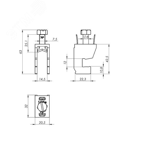 Клемма шинная для кабеля сечение шины 10мм кабель 35-70мм - фото 7