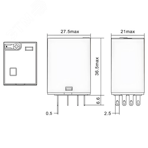 Реле миниатюрное промышленное общего назначения, 4CO, коммутируемый ток 6 А, AgSnO, напряжение 110V DC, опция – тест-кнопка+светодиод+защитный диод - фото 4