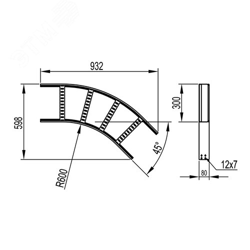 Угол горизонтальный 45 градусов 80x300 R600 горячеоцинкованный в комплекте крепежные элементы соединительные пластины - фото 2