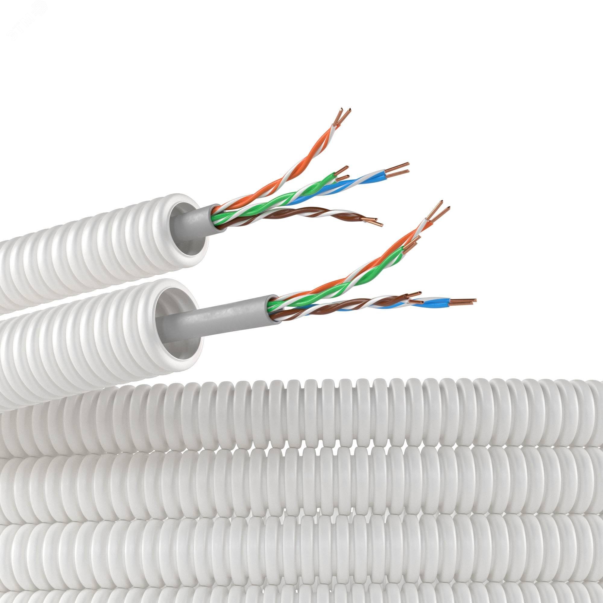 Изображение товара Гибкая гофрированная электротруба ПЛЛ с кабелем витая пара CAT 5E U/UTP 100м белая