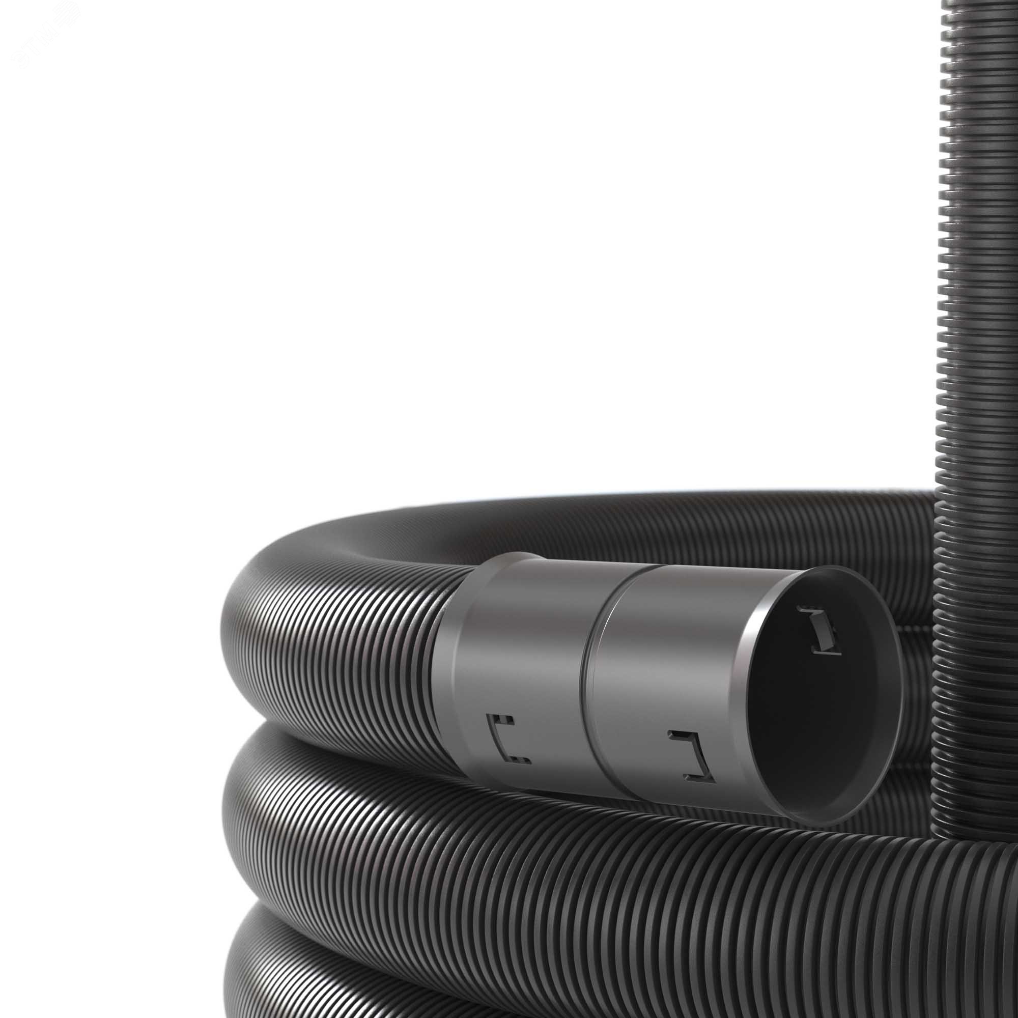 Изображение товара Труба двустенная ПНД гибкая для открытой прокладки д.40мм, SN23, 450Н, УФ, с протяжкой, в бухте 100м, цвет черный (м)