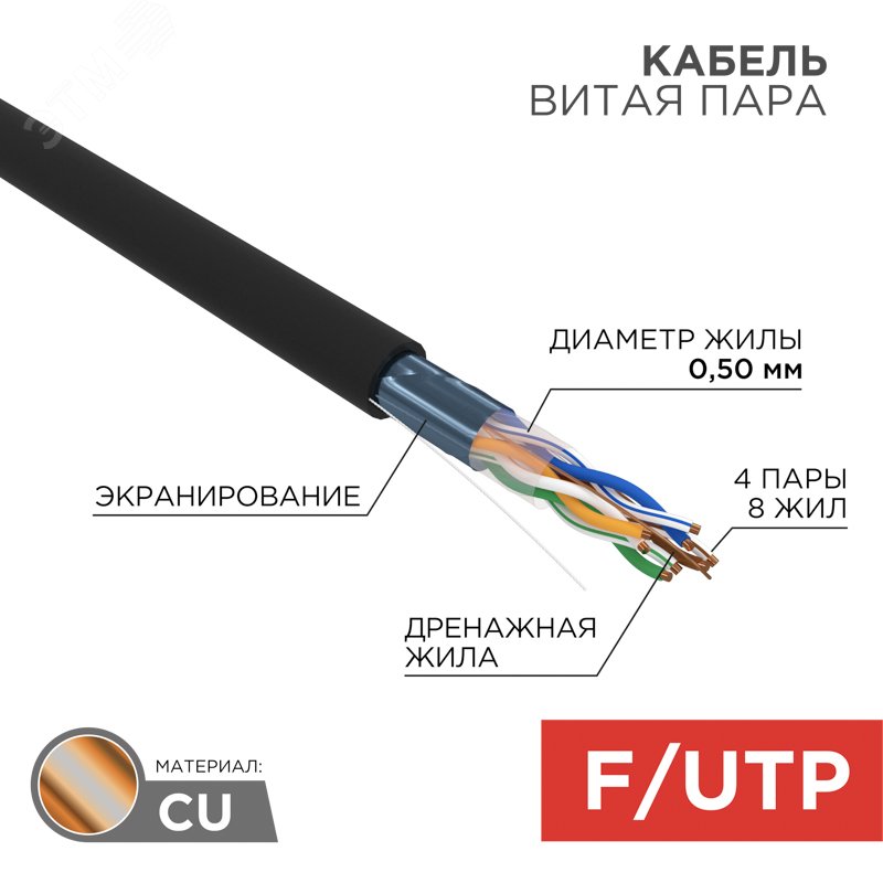 Витая пара F/UTP, CAT 5e, PE, 4PR, 24AWG, OUTDOOR, SOLID, черный, РФ